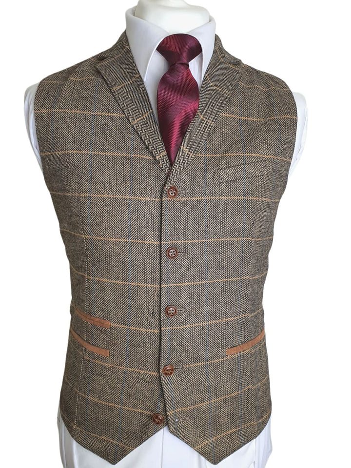 Barucci Louis Men’s Tan Slim Fit Tweed Waistcoat - 36R WAISTCOATS