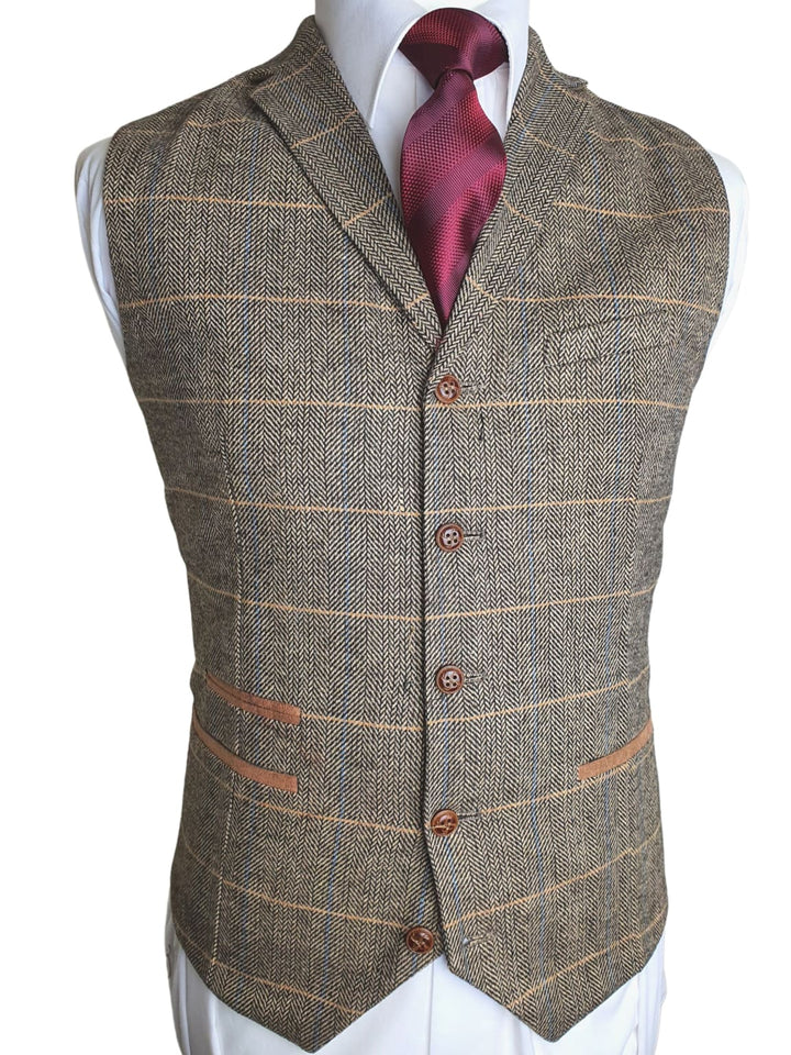 Barucci Louis Men’s Tan Slim Fit Tweed Waistcoat - WAISTCOATS