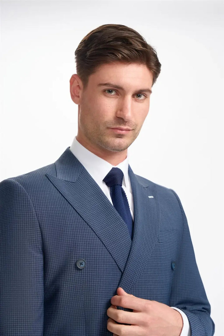 Cavani Bond Navy Check Double Breasted Blazer - Suit & Tailoring