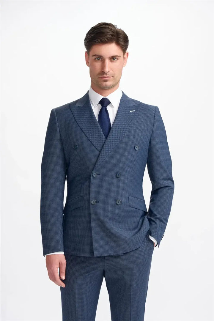 Cavani Bond Navy Check Double Breasted Blazer - 34R - Suit & Tailoring