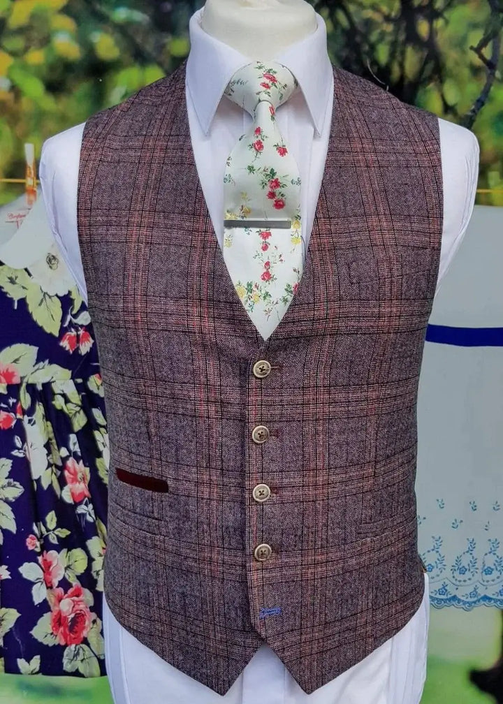 Cavani Brendan Men’s 3 Piece Wine Slim Fit check Suit - Suits