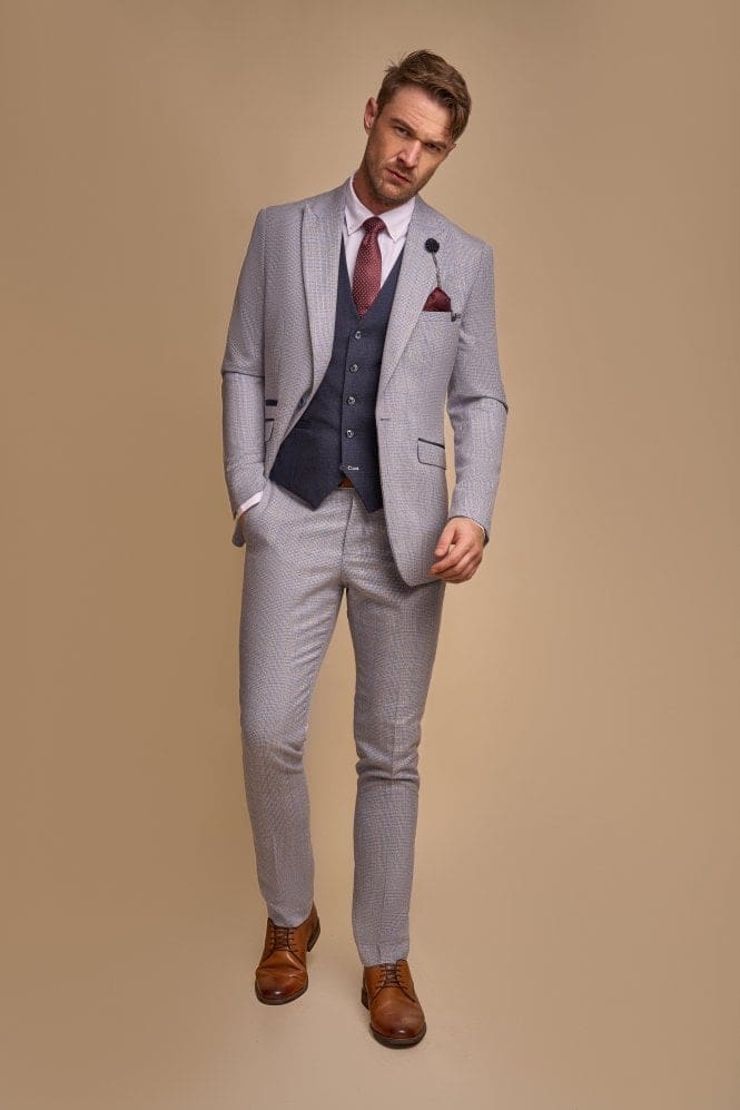 Cavani Caridi Men’s Sky Suit With Navy Waistcoat Tweed Three Piece - & Tailoring