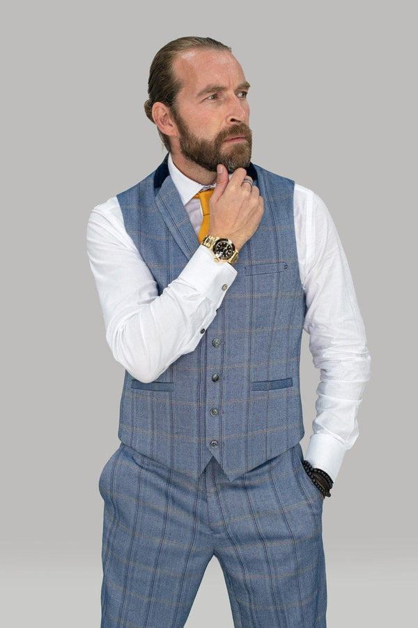 Cavani Connall Blue Tweed Check Style Waistcoat - 36 - WAISTCOATS