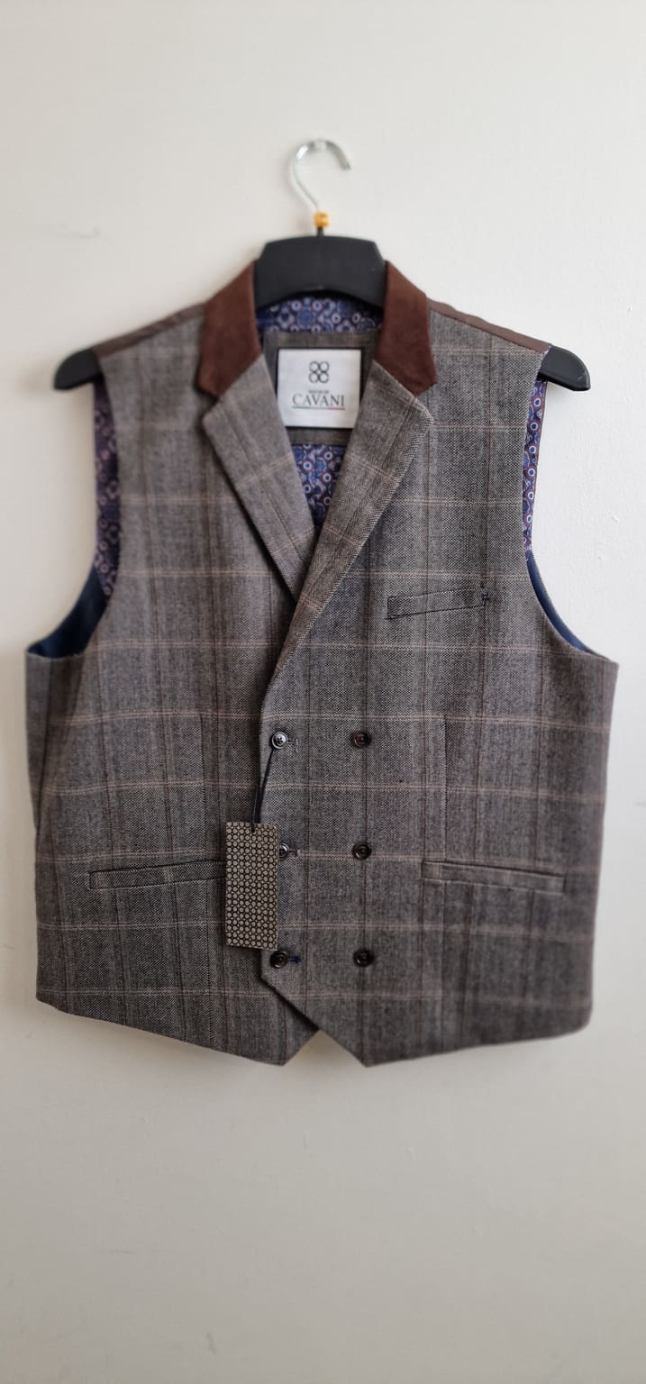 Cavani Connall Brown Tweed Check Double Breasted Waistcoat - WAISTCOATS