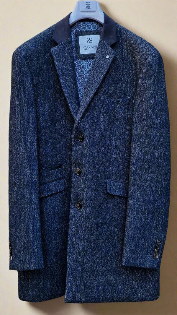 Cavani Fabrini Men’s Navy Check Wool Blend Overcoat - Coats