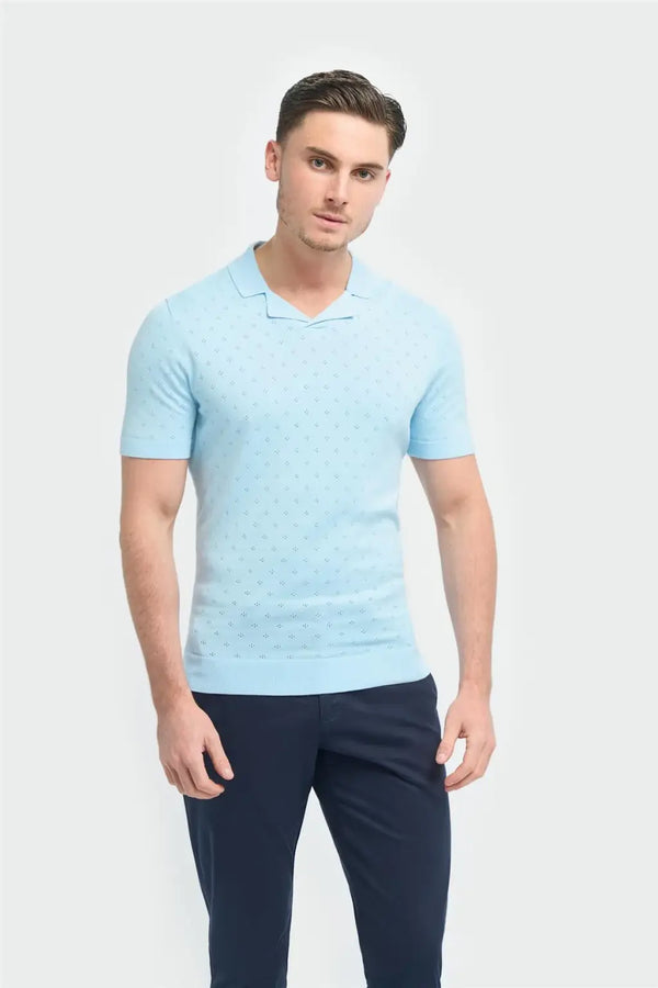 Cavani Men’s Alfan Cuban Collar Knitted Polo Shirts - Sky Blue / S - Knitwear