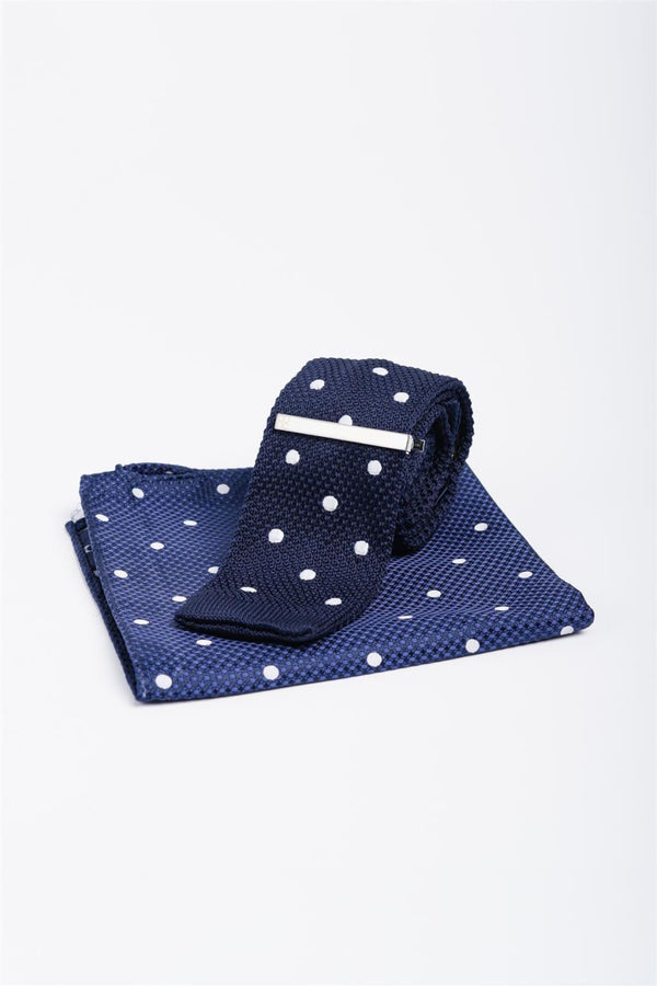 Cavani Men’s Dotted Knitted Tie And Hank Set - Navy - Accessories