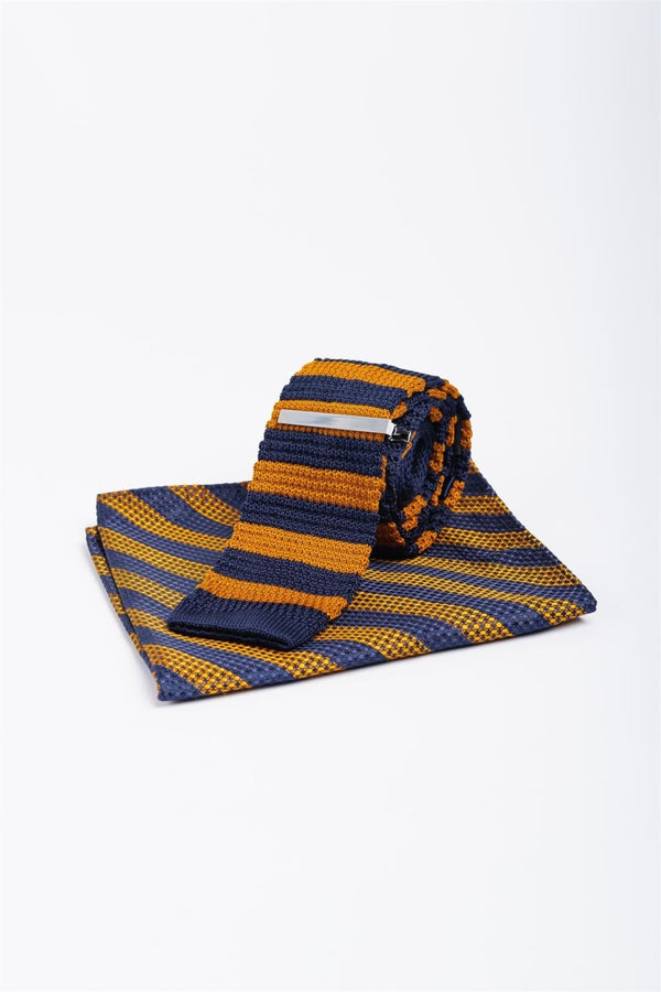 Cavani Men’s Stripe Knitted Tie And Hank Set - Navy / Tobacco - Accessories