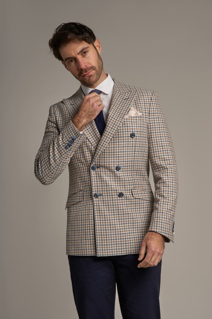 Cavani Sergio Double Breasted Beige Check Blazer - 34R - Coats & Jackets