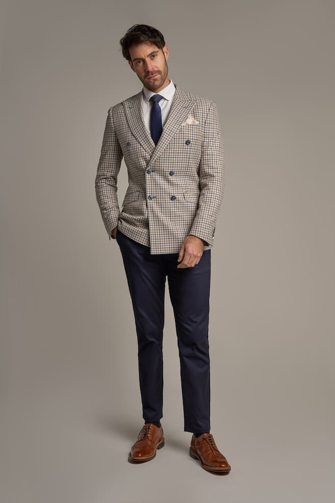 Cavani Sergio Double Breasted Beige Check Blazer - Coats & Jackets