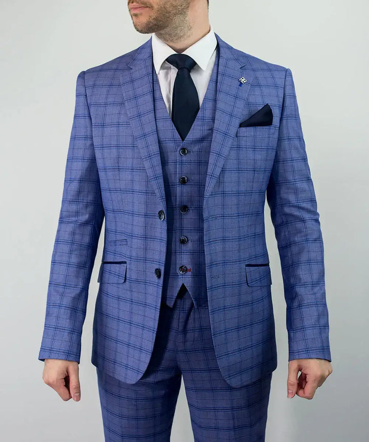 Cavani Tamara Blue Check Tailored Fit 3-Piece Suit Size 36R with 32R Trousers - Suit & Tailoring