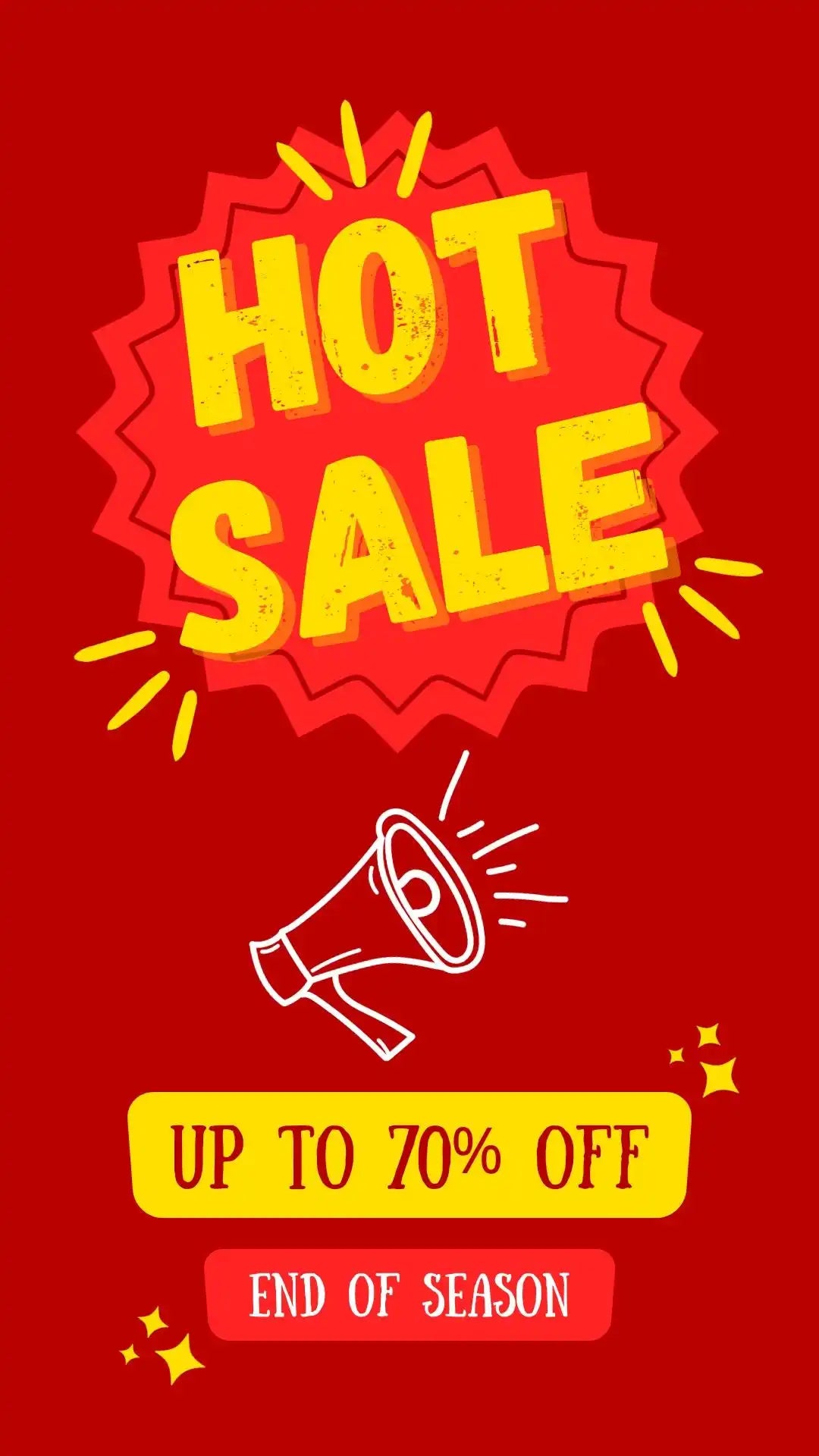 Hot sale promotional banner with up to 70% off end-of-season discount and a megaphone icon.