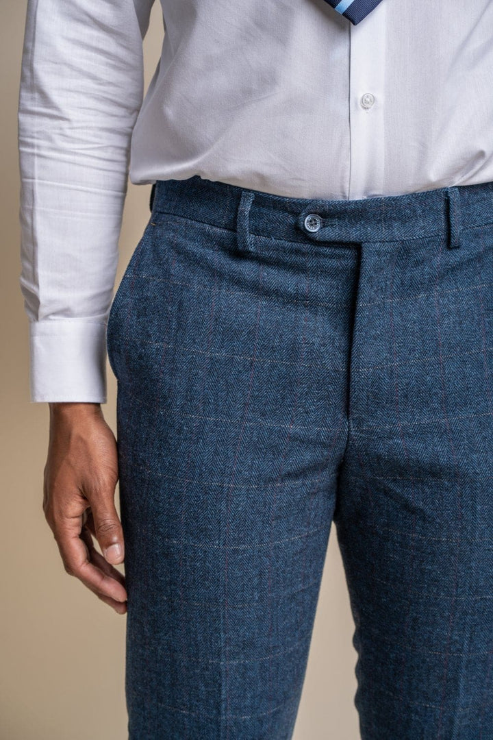 Cavani Carnegi Men’s Blue Slim Fit tweed Check Trousers - Trousers