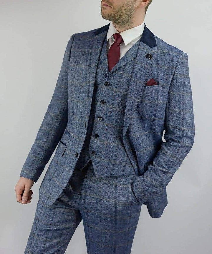 Tweed Blue Suit Connall Blue 3 Piece Slim Fit Check by House of Cavani - Suit & Tailoring