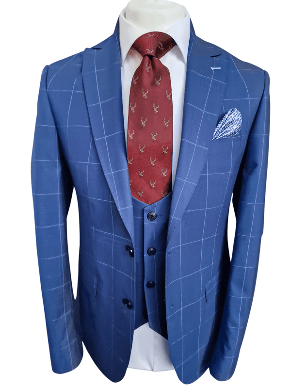 Men’s Blue Check 3-Piece Suit Size 38R with 32R Trousers - Suits