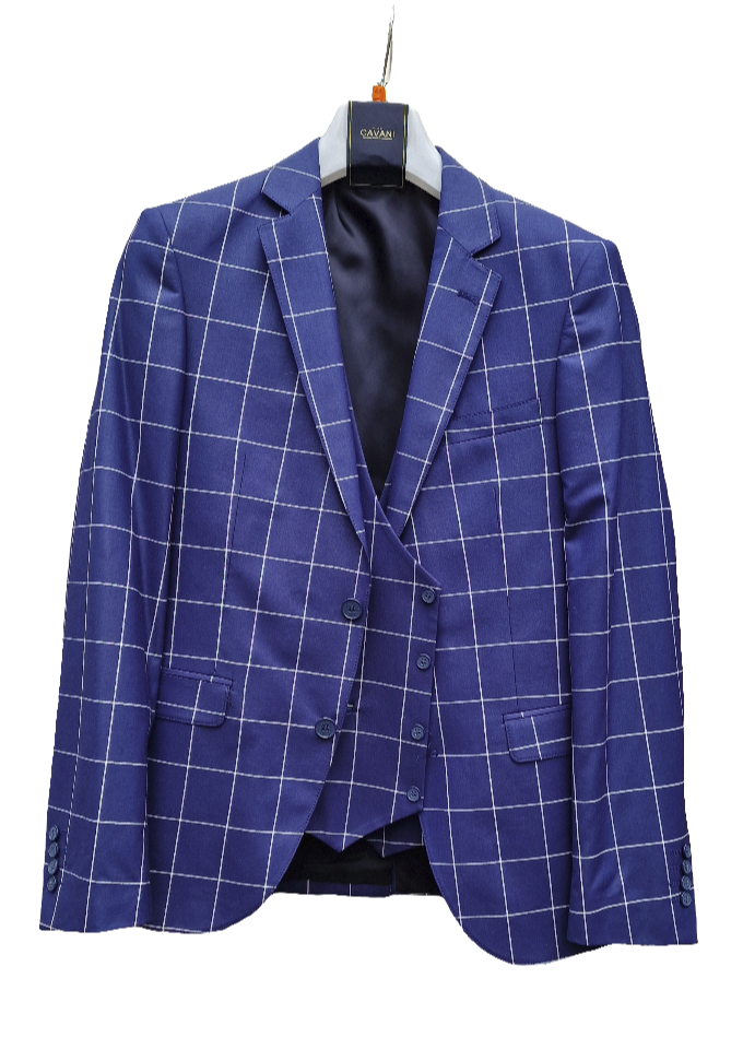 Men’s Blue Check 3-Piece Suit Size 38R with 32R Trousers - Suits