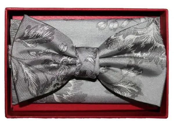 L A Smith Grey Floral Silk Bow Tie And Hank Set - Accessories