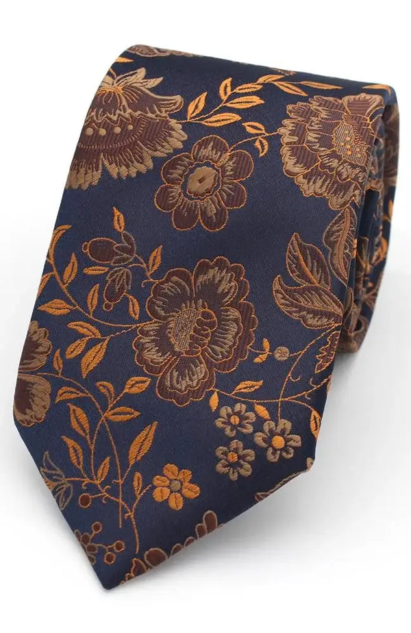LA Smith Floral Woven Wedding Poly Ties - Cooper/Navy - Accessories