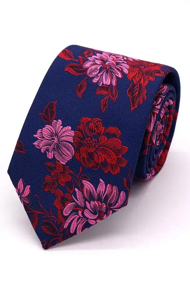 LA Smith Large Flower Woven Wedding Poly Ties - Pink On Navy - Accessories