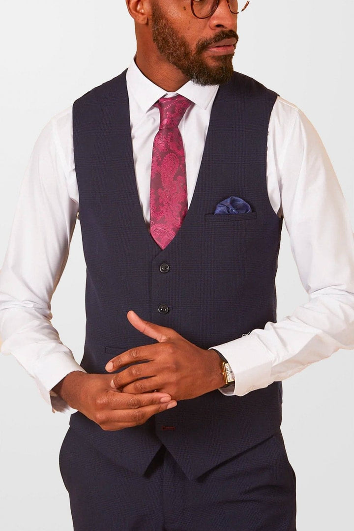 Marc Darcy Bromley Navy Single Breasted Check Waistcoat - WAISTCOATS