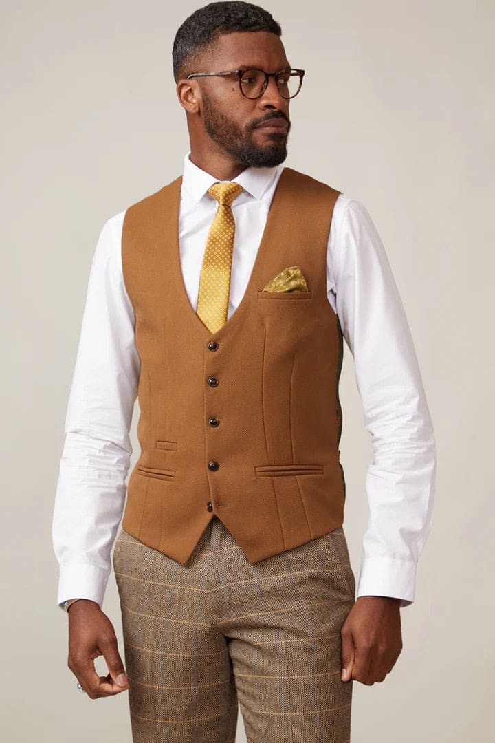 Marc Darcy Kelvin Men’s Tan Single Breasted Waistcoat - Suit & Tailoring