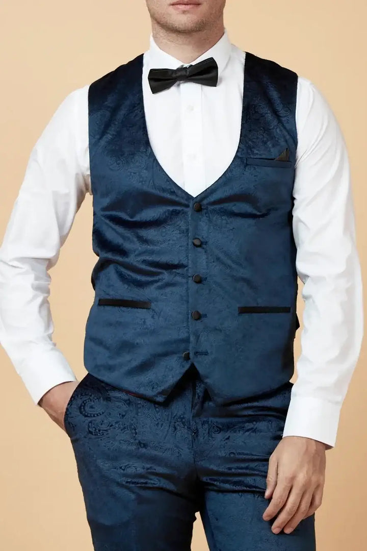 Simon Velvet Blue Paisley Tuxedo Waistcoat - Navy / 34R - Waistcoats