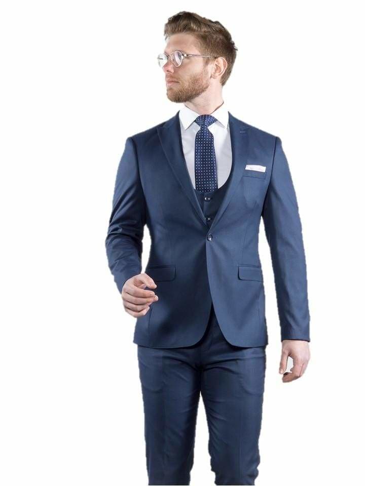 Marco Prince Grande Mens 3 Piece Blue Slim Fit Textured Suit - Suit & Tailoring