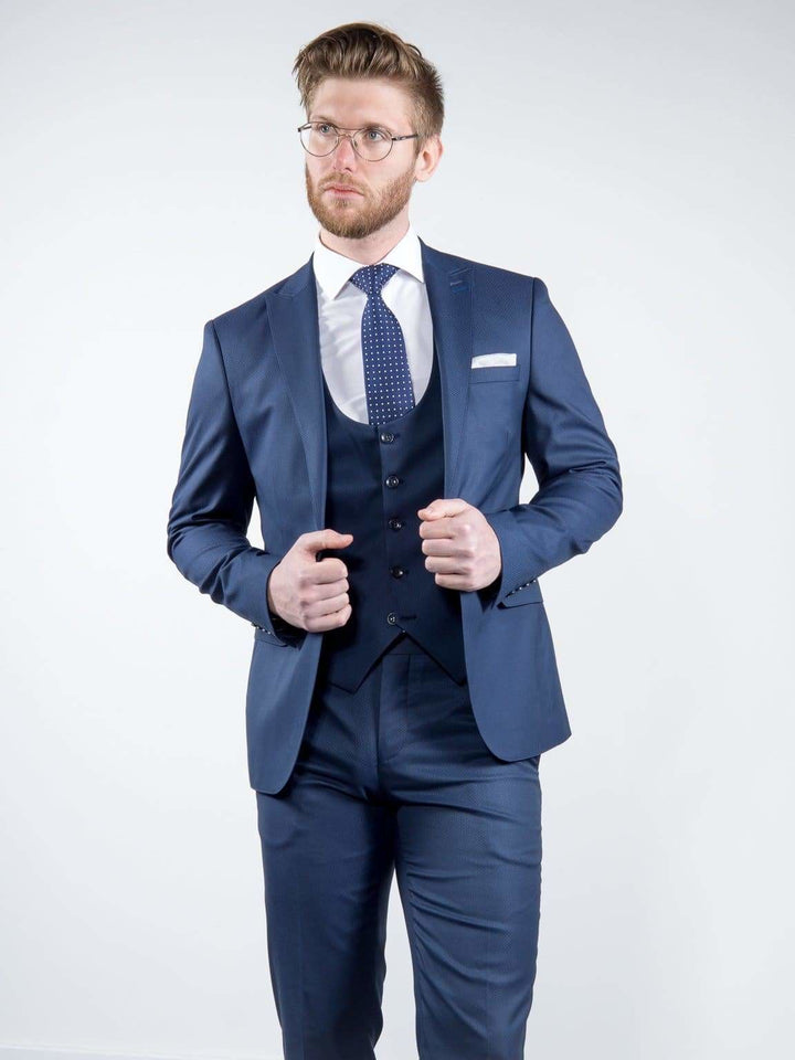 Marco Prince Grande Mens 3 Piece Blue Slim Fit Textured Suit - Suit & Tailoring