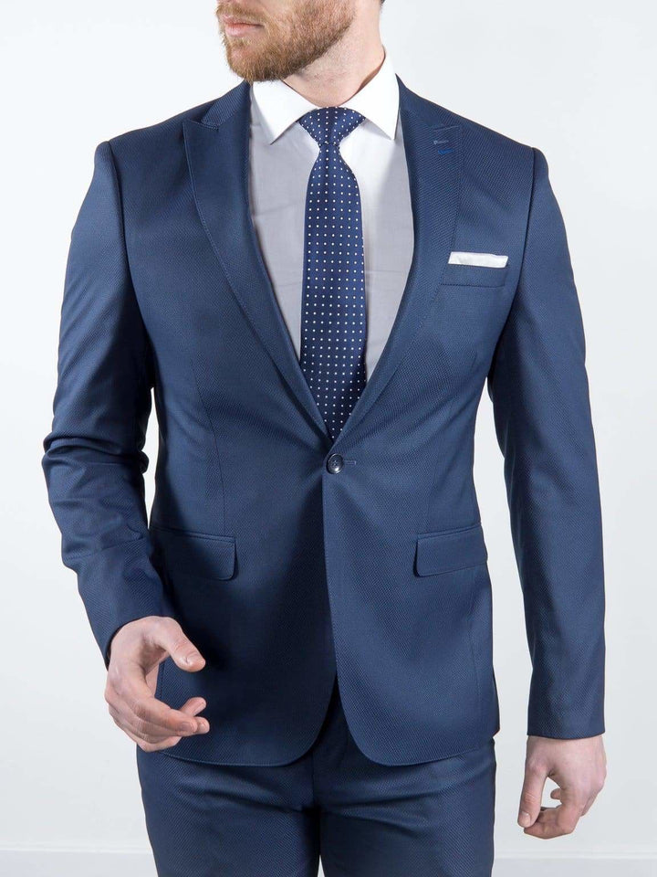 Marco Prince Grande Mens 3 Piece Blue Slim Fit Textured Suit - Suit & Tailoring