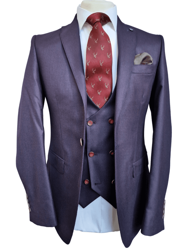 Men’s Wine Diamond Pattern 3-Piece Suit Size 38R with 32R Trousers - Suits