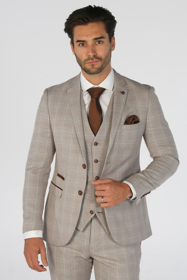 Leo Beige Check Three Piece Suit - Men’s Suits