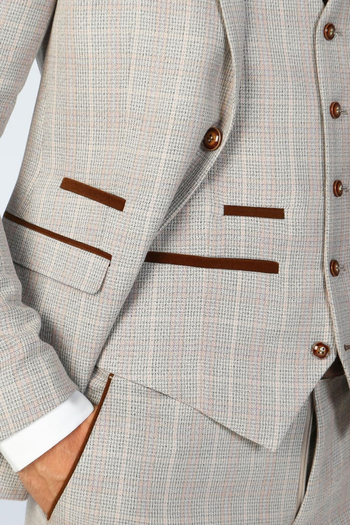 Leo Beige Check Three Piece Suit - Men’s Suits