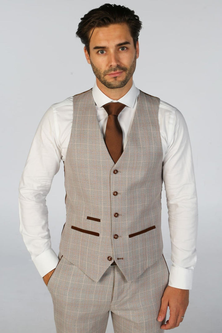 Leo Beige Check Three Piece Suit - Men’s Suits