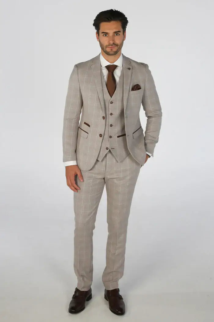 Paul Andrew Leo Men’s 3 Piece Check Suit - Beige or Green - Suits