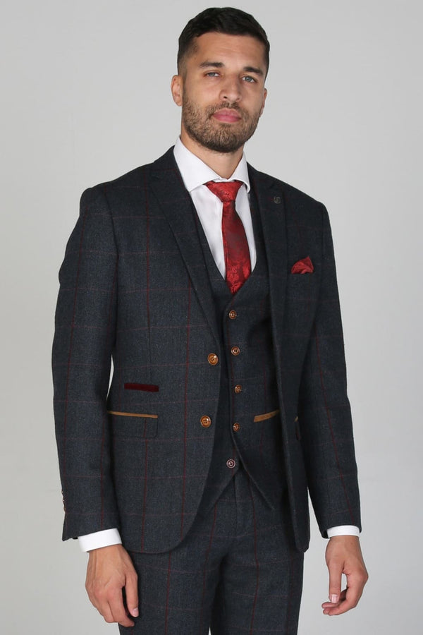 Madrid Navy Tweed Check Three Piece Suit - Men’s Suits