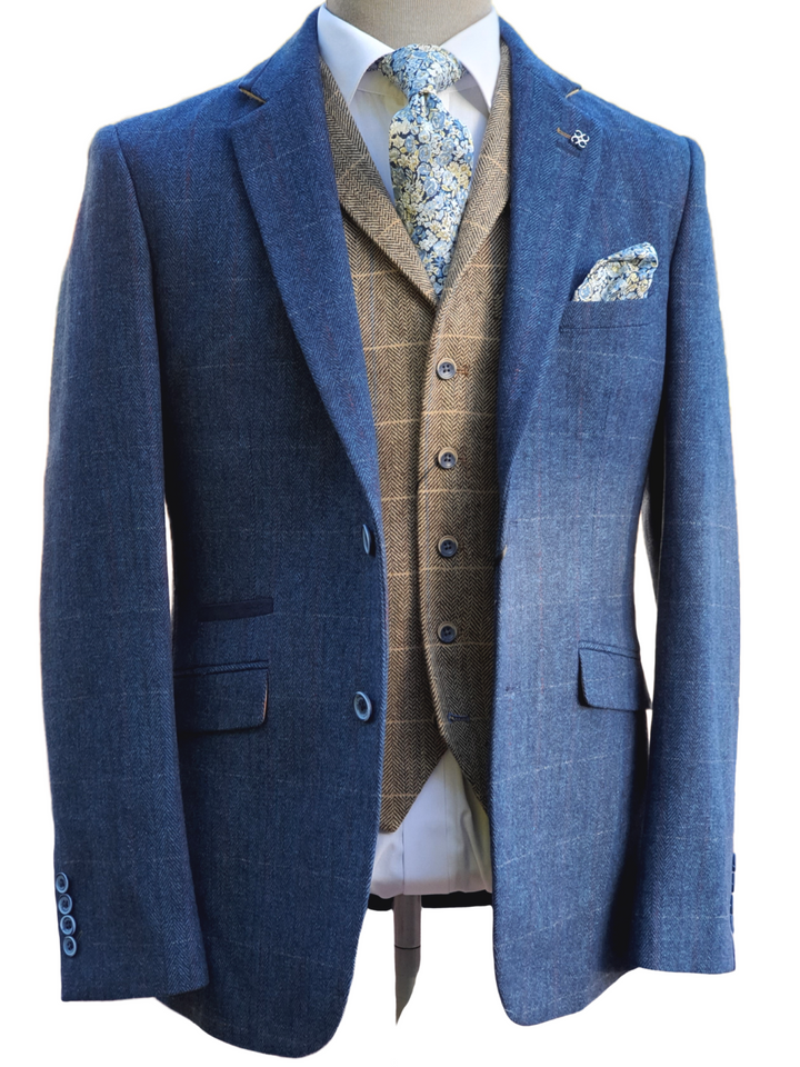 Blue Tweed Suit Three Piece Check Cavani Carnegi - Suit & Tailoring