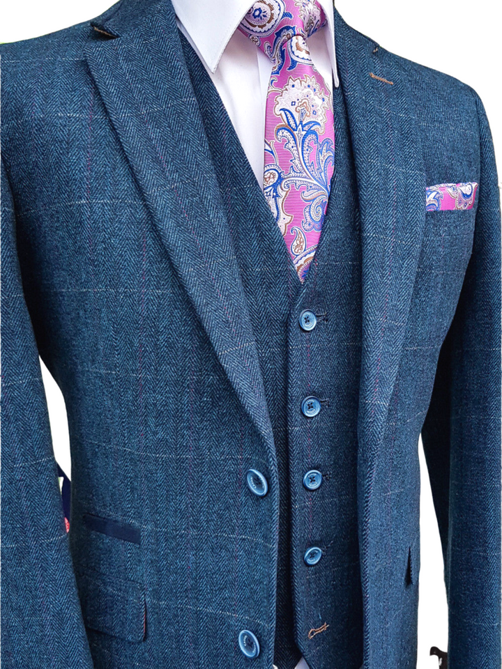 Blue Tweed Suit Three Piece Check Cavani Carnegi - 36R / 30R - Suit & Tailoring