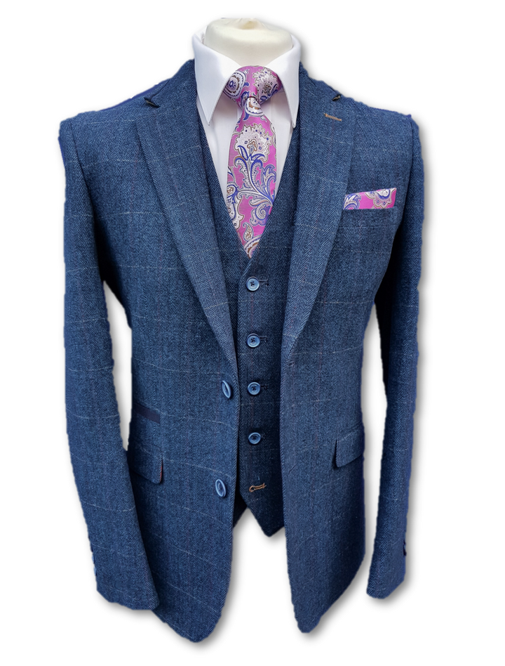 Cavani Carnegi Mens 3 Piece Blue Slim Fit Check Tweed Suit - Suit & Tailoring