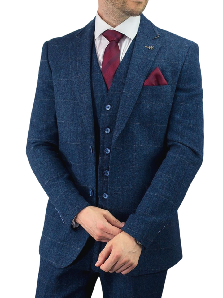 Blue Tweed Suit Three Piece Check Cavani Carnegi - Suit & Tailoring