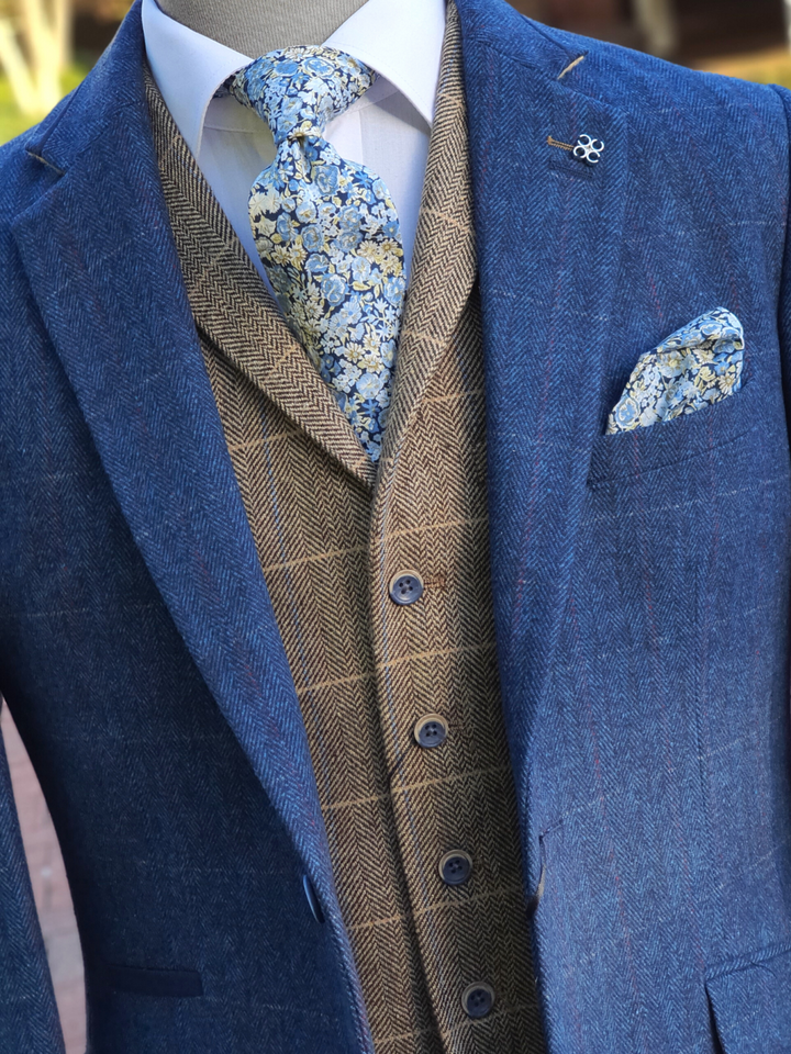 Blue Tweed Suit Three Piece Check Cavani Carnegi - Suit & Tailoring