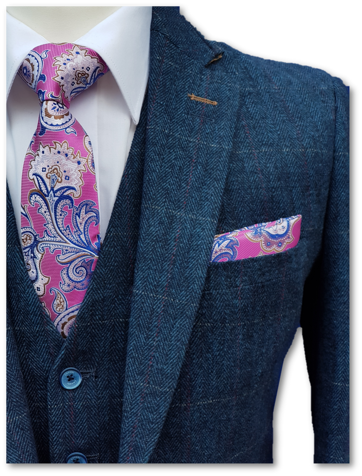 Cavani Carnegi Mens 3 Piece Blue Slim Fit Check Tweed Suit - 36R / 30R - Suit & Tailoring