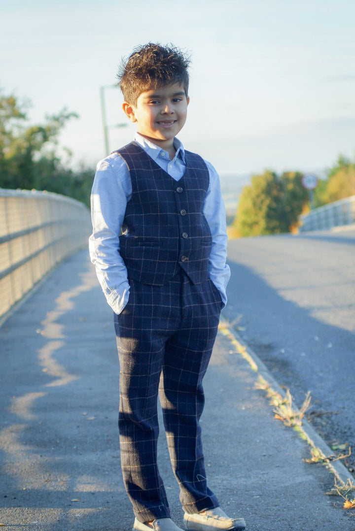 Boys Shelby 3 Piece Navy Slim Fit Check Tweed Suit - Suit & Tailoring