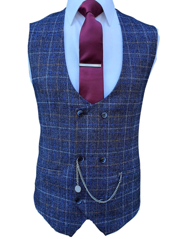 Cavani Bonita Blue Tweed Check Style Waistcoat - 36 - Suit & Tailoring