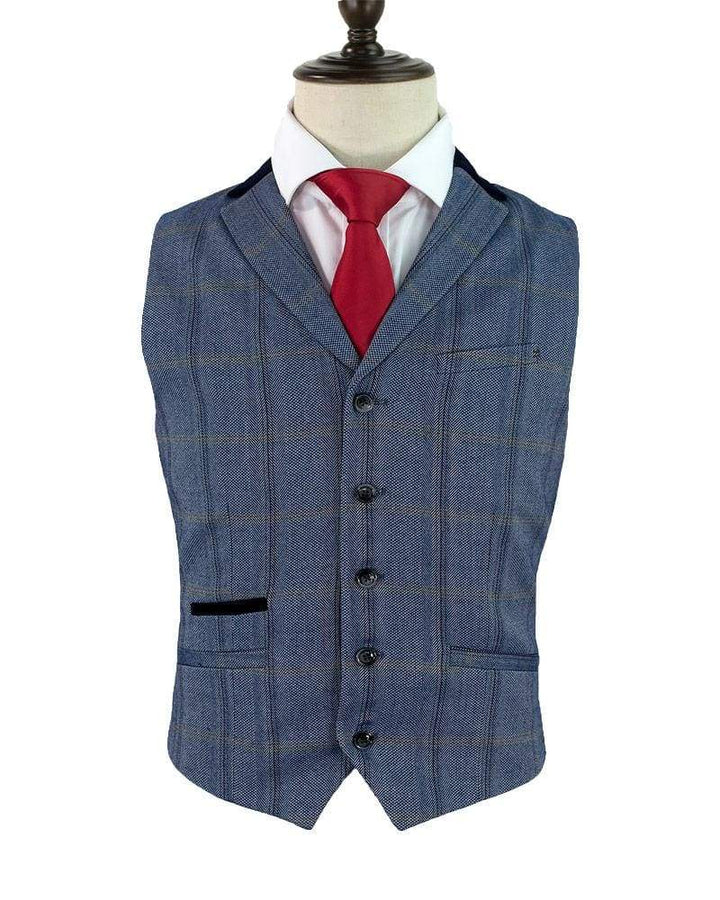 Cavani Connall Blue Tweed Check Style Waistcoat - 36 - Suit & Tailoring