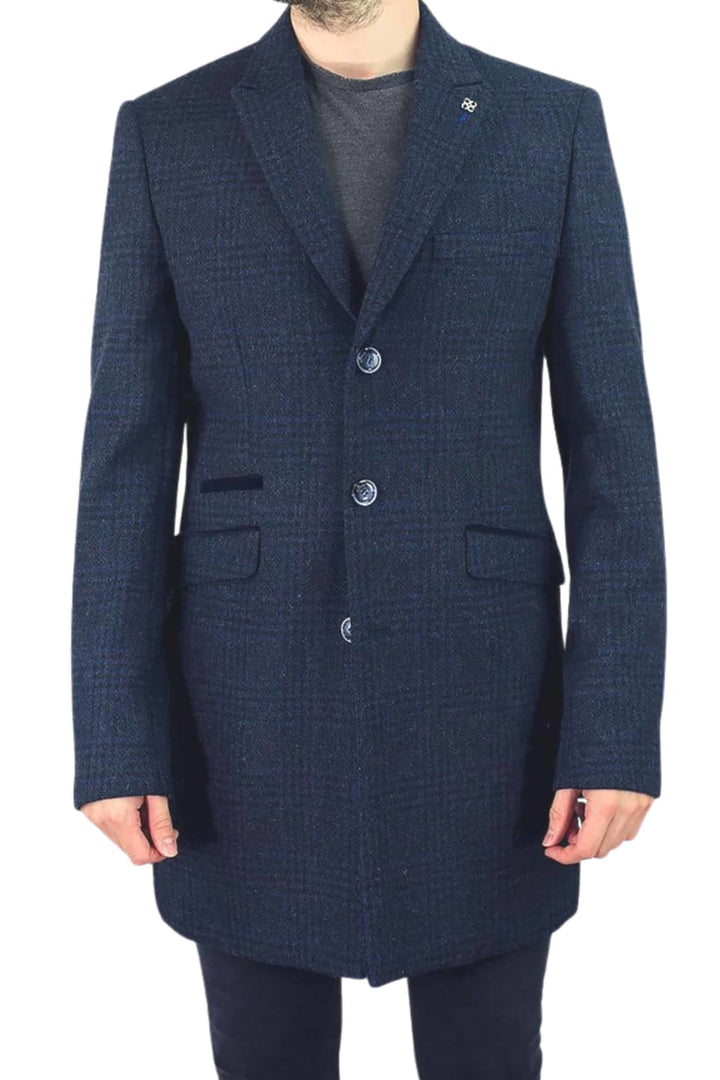 Cavani Danilo Men’s Navy Check Wool Blend Overcoat - Coats