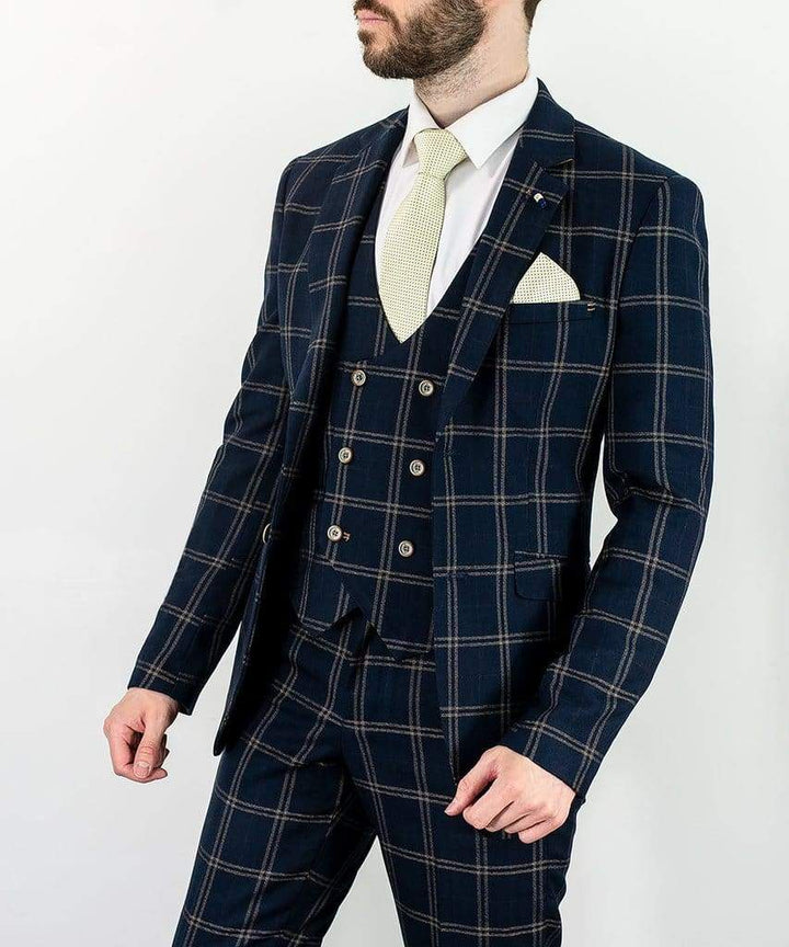 Cavani Hardy Mens Navy Checked Three Piece Suit - menswearr.com