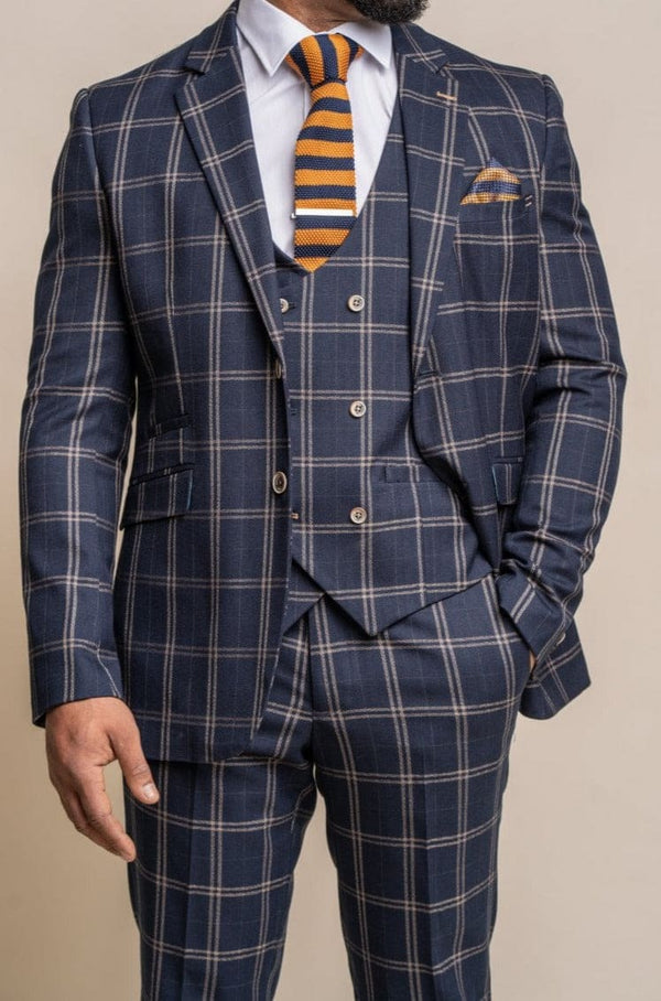 Cavani Hardy Navy Check Herringbone Three Piece Suit - Suits