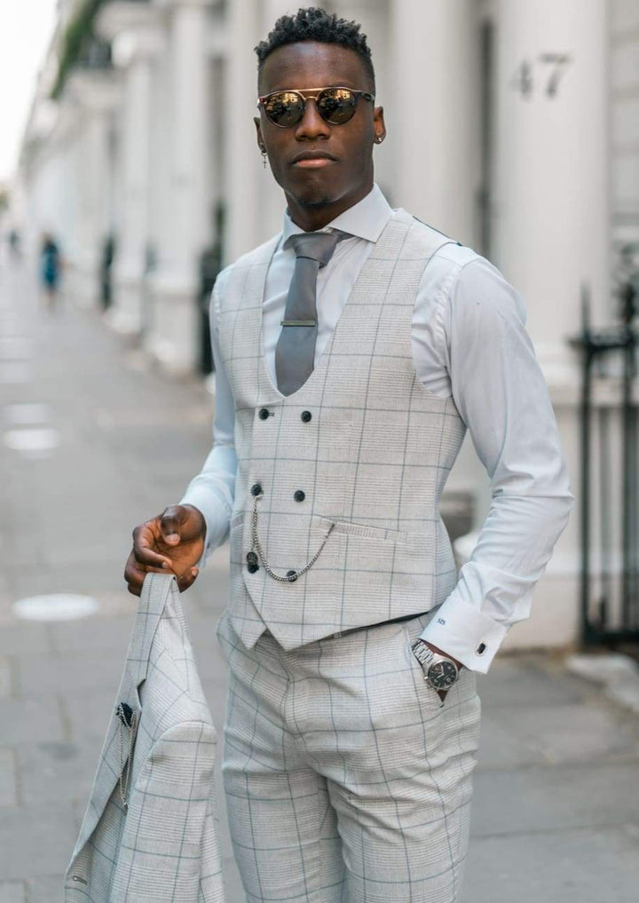 Cavani Radika Light Grey Check Waistcoat - Suit & Tailoring