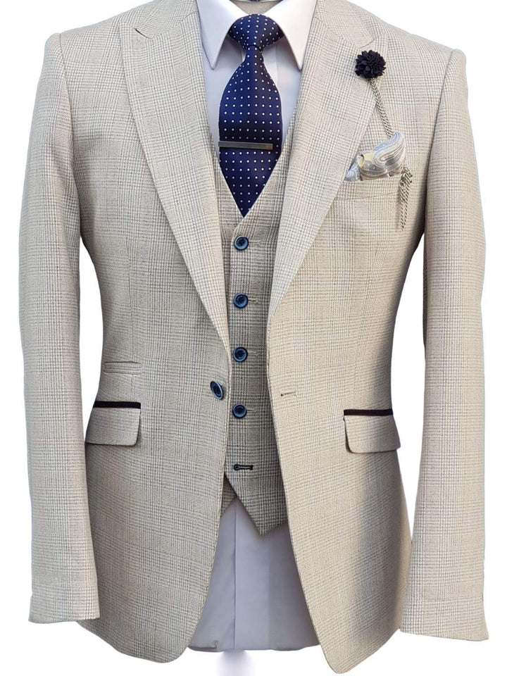 Men’s Cream Three Piece Slim Fit Cavani Caridi Suit for Weddings and Race Days - 36S / 30S - Suit & Tailoring