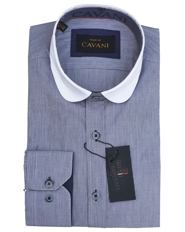 Cavani Men’s Penny Round Collar Navy Strippd 1920s Shirt - UK14.5 | EU37 - Shirts